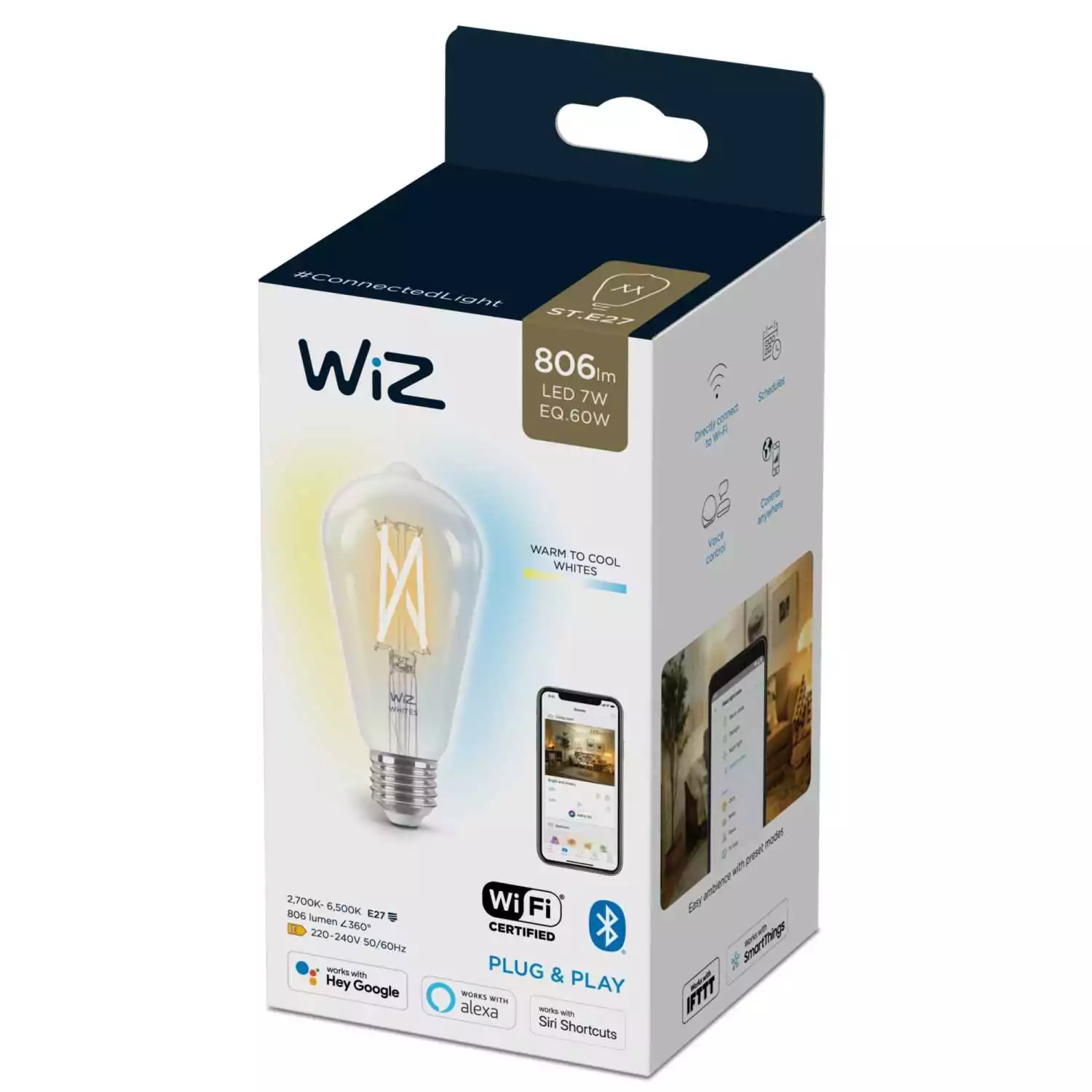 Умная лампочка WiZ Wi-Fi BLE 60W ST64 E27, белый свет 10