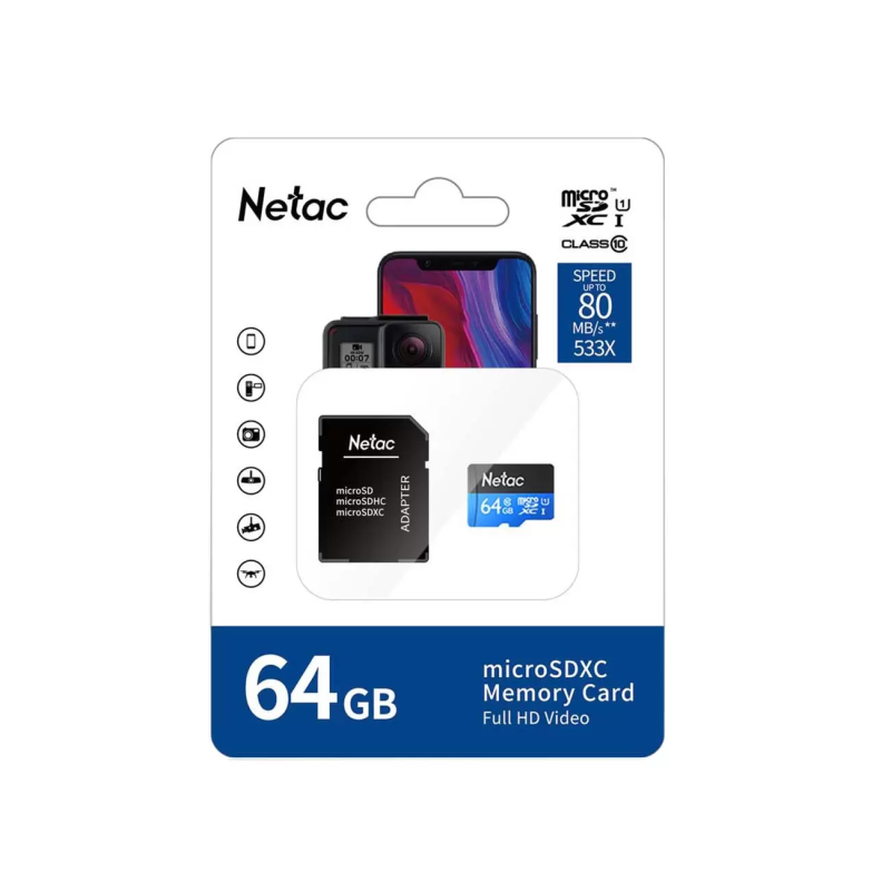 

Карта памяти NeTac MicroSD card P500 Standard 64GB, w/SD